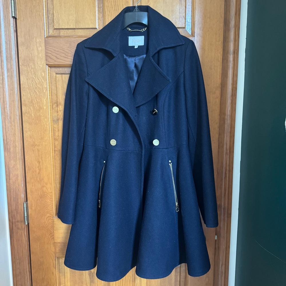 Laundry By Shelli Segal Navy Double-Breasted Flared Peacoat with Gold Buttons